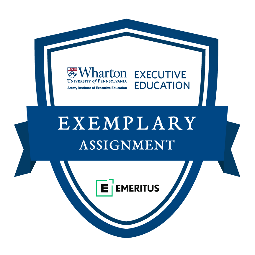 Wharton Executive Education and Emeritus Exemplary Assignment badge, earned by André Magrini for ESG and succession planning coursework